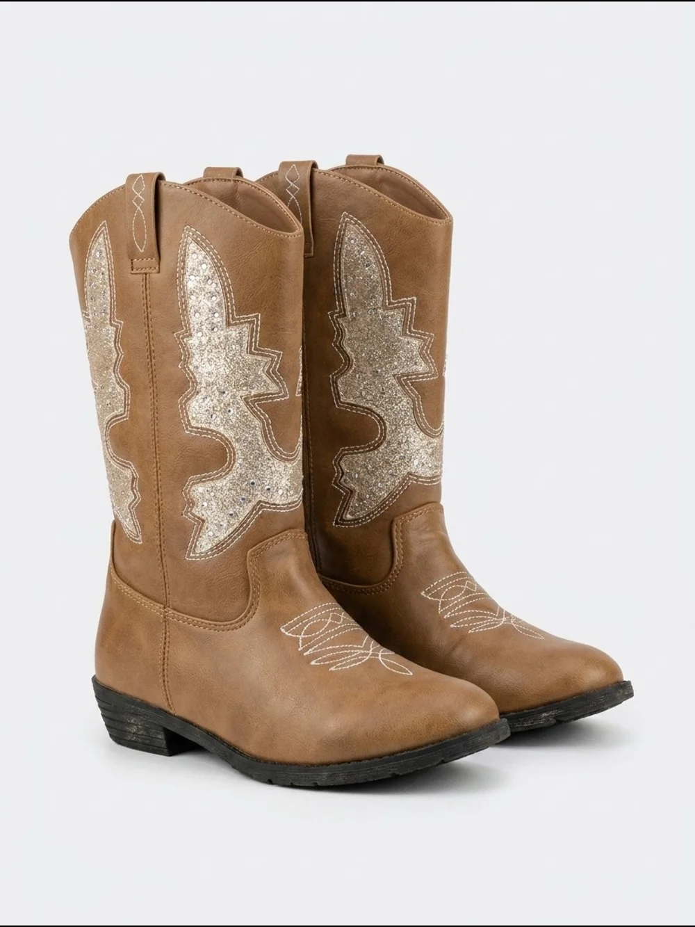 Kensie Girl Tan Boots with Gold Glitter Western Stitch‎